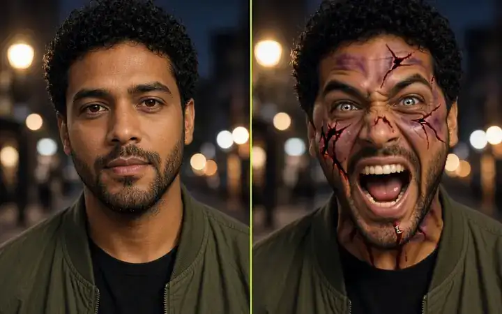 AI Zombie example: a portrait photo next to the same man turned into a screaming zombie
