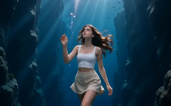 A woman in a white top floats upright in a blue underwater canyon