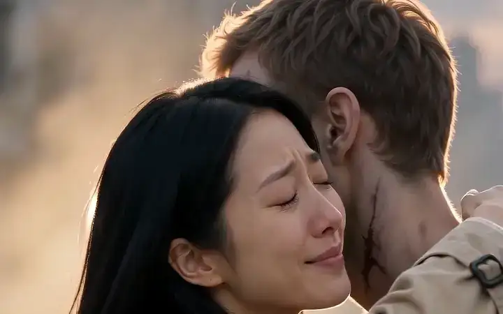 Zombie Love Story example: a woman in tears embraces her zombie partner