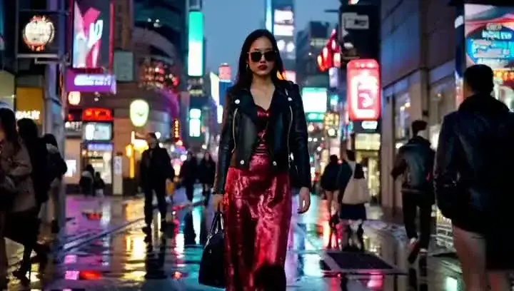 AI Video Generator example: a fashionable woman walking through a neon-lit Tokyo street at night