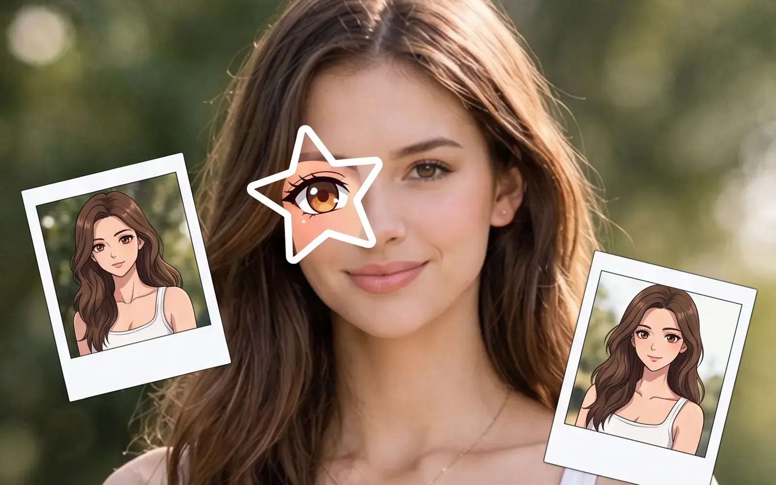 A woman outdoors with a star-shaped anime eye over one eye and small anime stickers around her face
