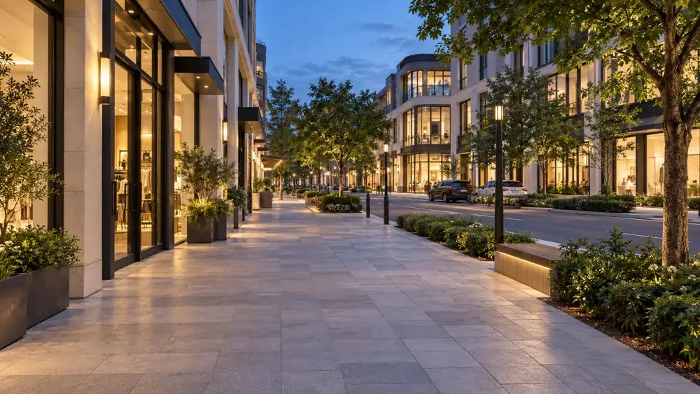 Default background: a blue-hour shopping street with warm windows and trees
