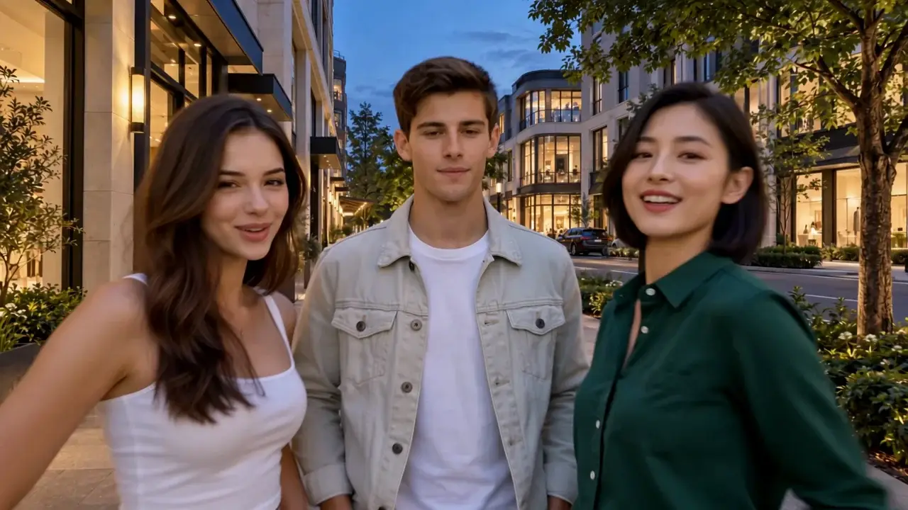 MixVio sample: three adults dance in a blue-hour city street, followed by individual selfie close-ups and a man in a beige jacket at the end