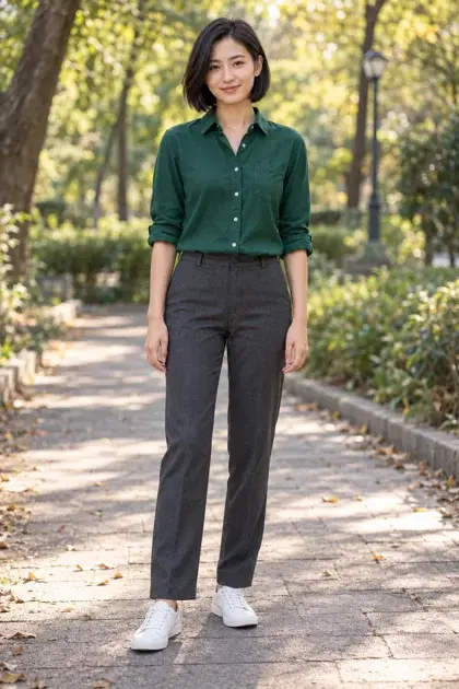 Right role reference: a woman with a black bob and a green shirt