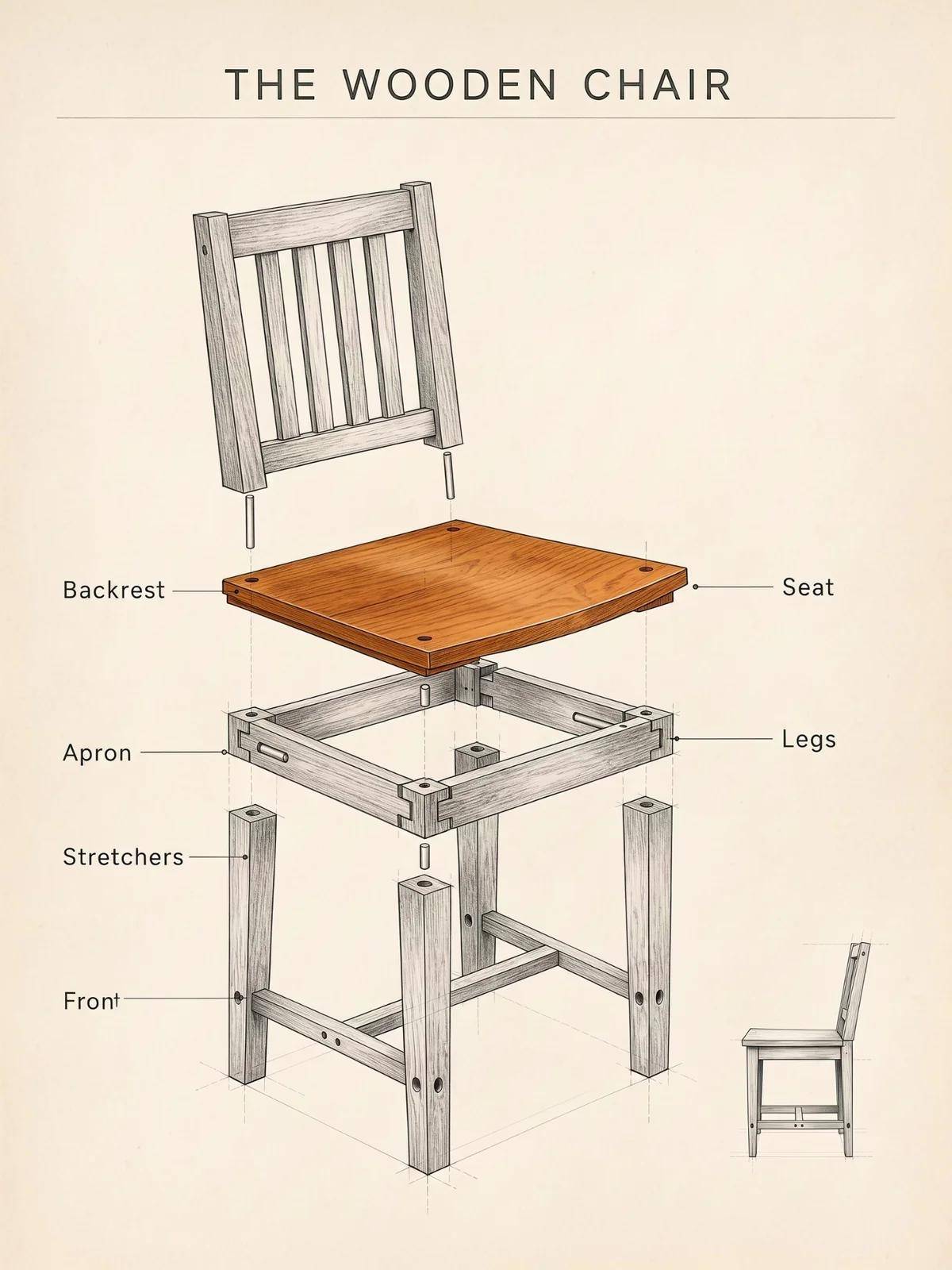 Exploded pencil drawing of a wooden chair, with the seat and labelled parts on cream paper
