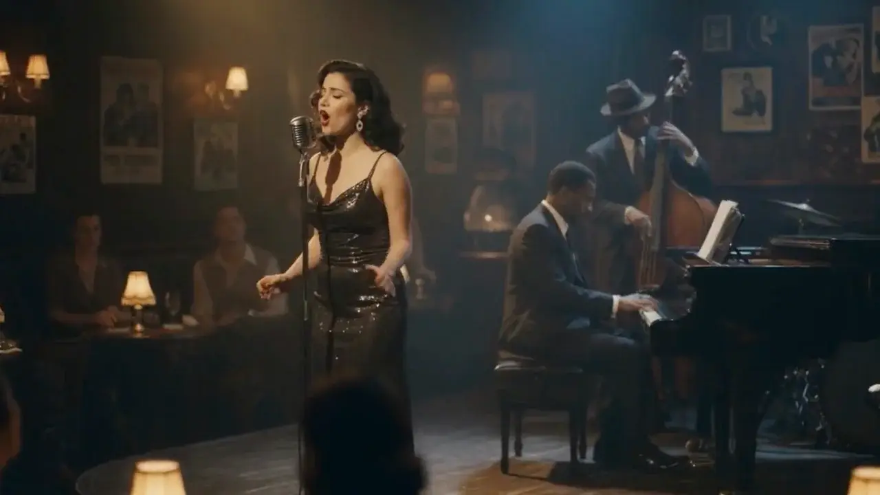 Woman in a black sequin dress singing at a vintage microphone in a jazz lounge