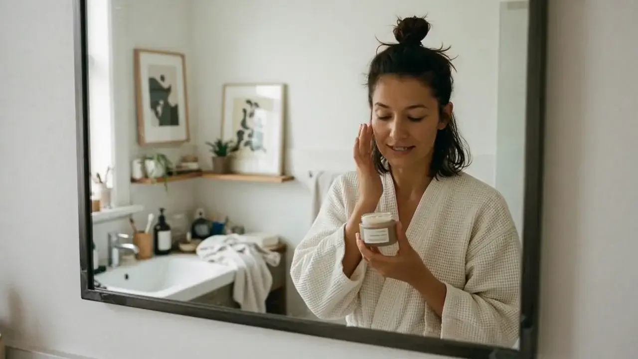 Woman in a white waffle robe applying cream, then smiling in a bathroom mirror