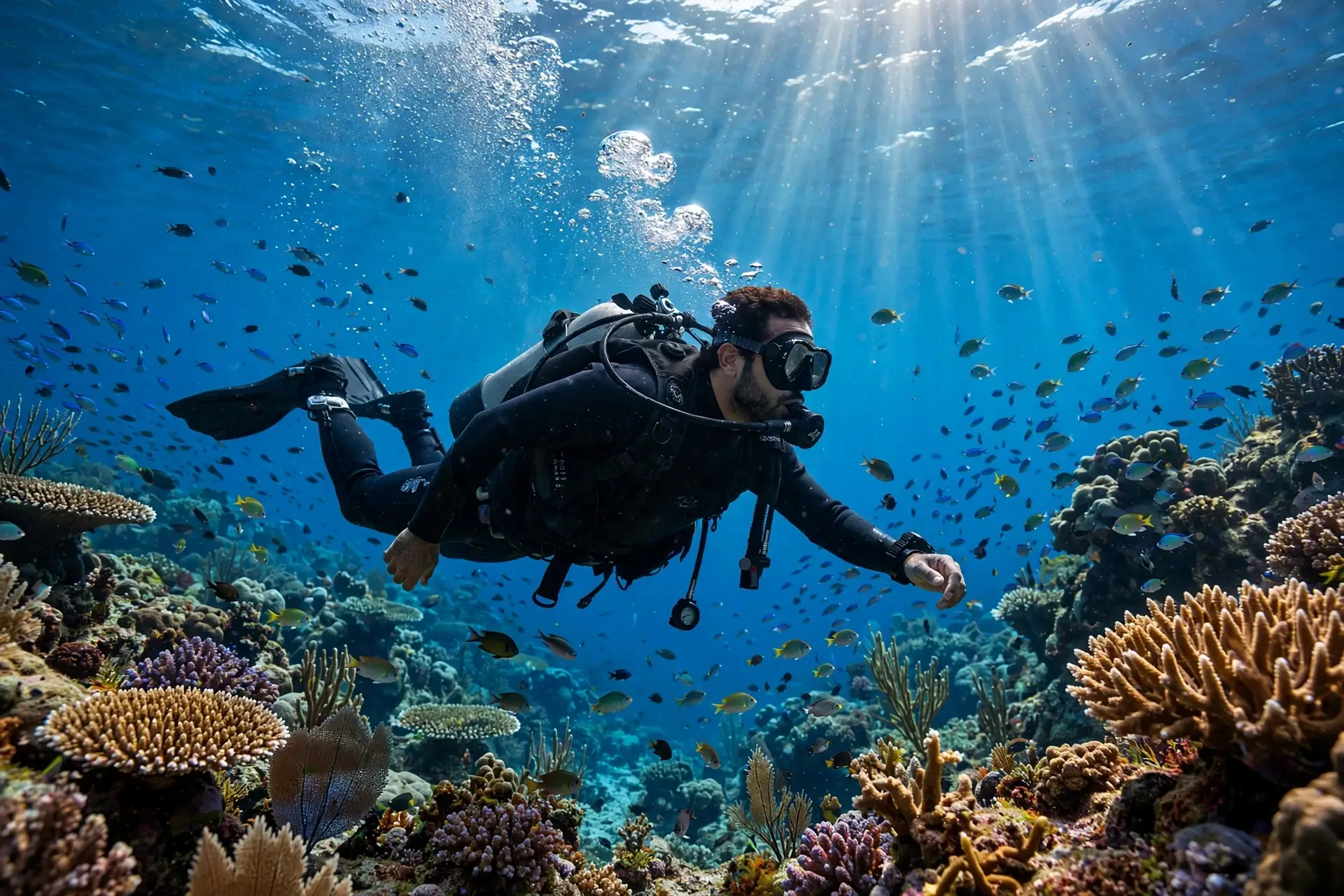 Diver in a black wetsuit swimming over a coral reef, with sun shafts, rising bubbles, and small fish