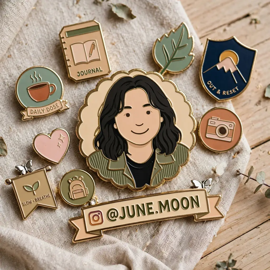 Enamel pins on linen, including JOURNAL, DAILY DOSE, OUT & RESET, SLOW · BREATHE, and @JUNE.MOON