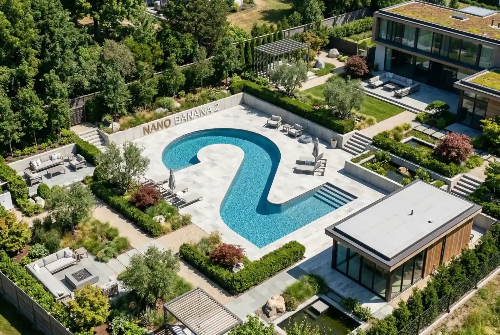 Official Google Nano Banana 2 demonstration of an isometric garden pool spelling Nano Banana 2