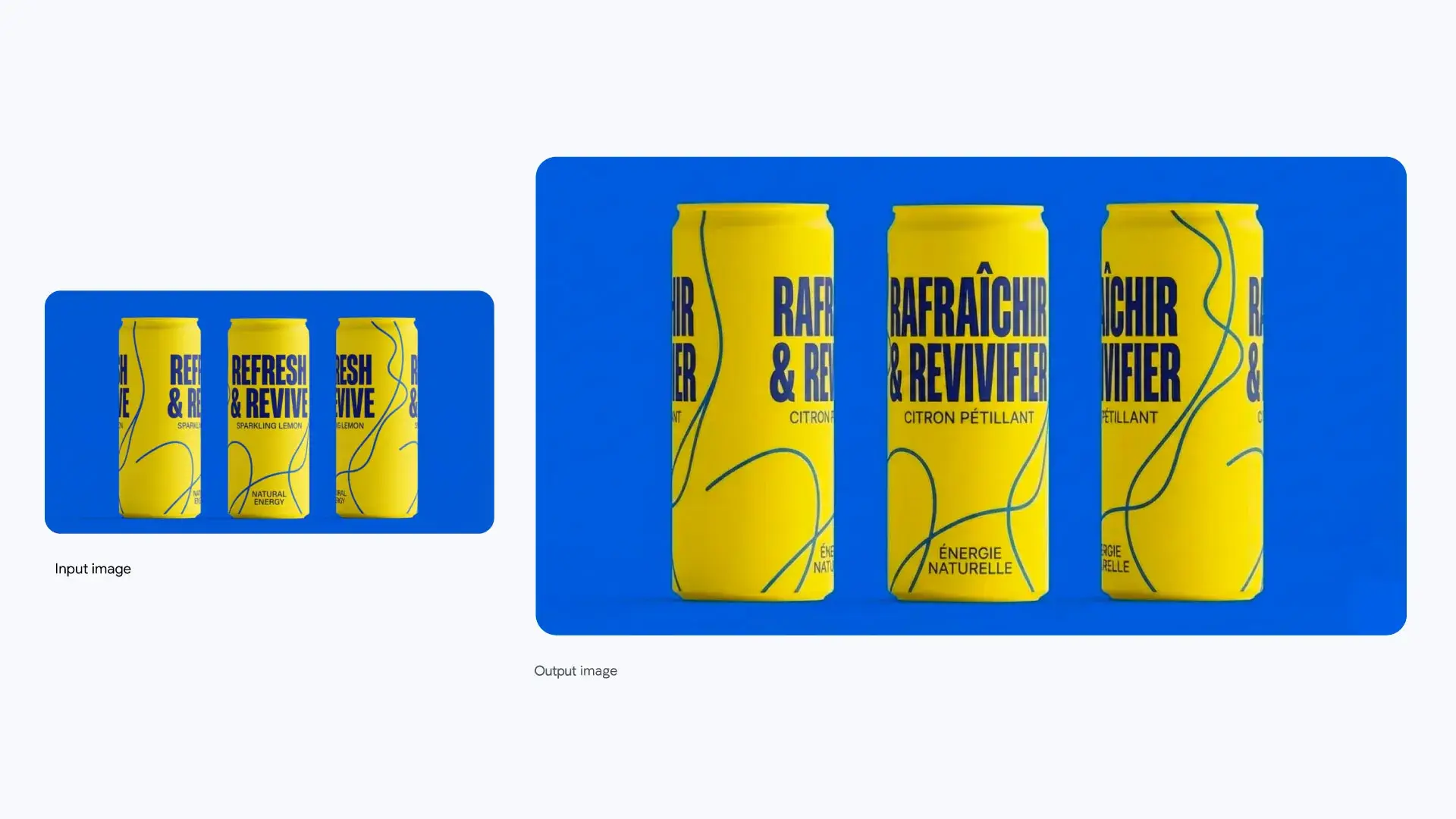 Three yellow sparkling lemon cans with French labels PÉTILLANT & RAFRAÎCHISSANT and CITRON PÉTILLANT on a royal blue card