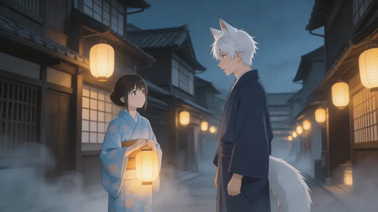 A girl in a kimono facing a fox-eared youth on a lantern street