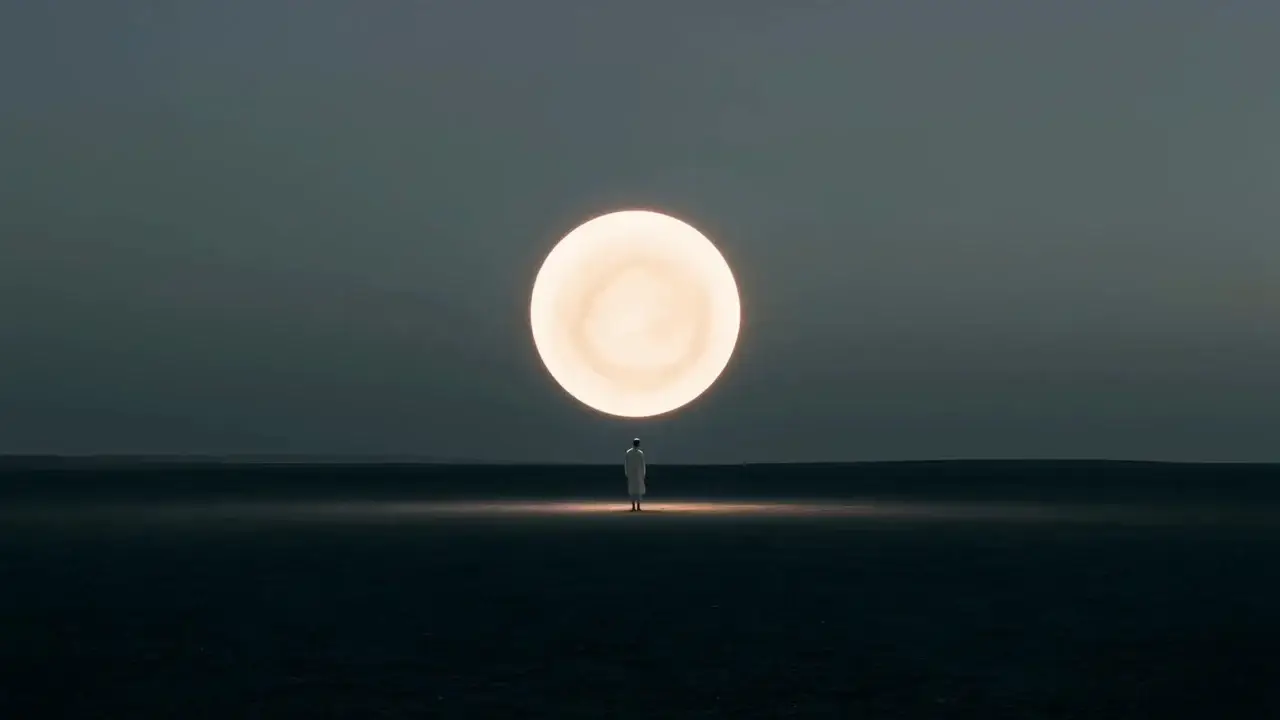 A lone figure in white walking a dark plain under a bright moon