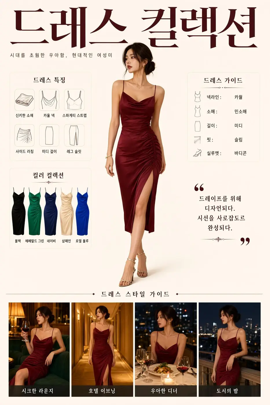 Korean dress lookbook titled 드레스 컬렉션 with a burgundy satin slip dress, color chips, and four evening photos