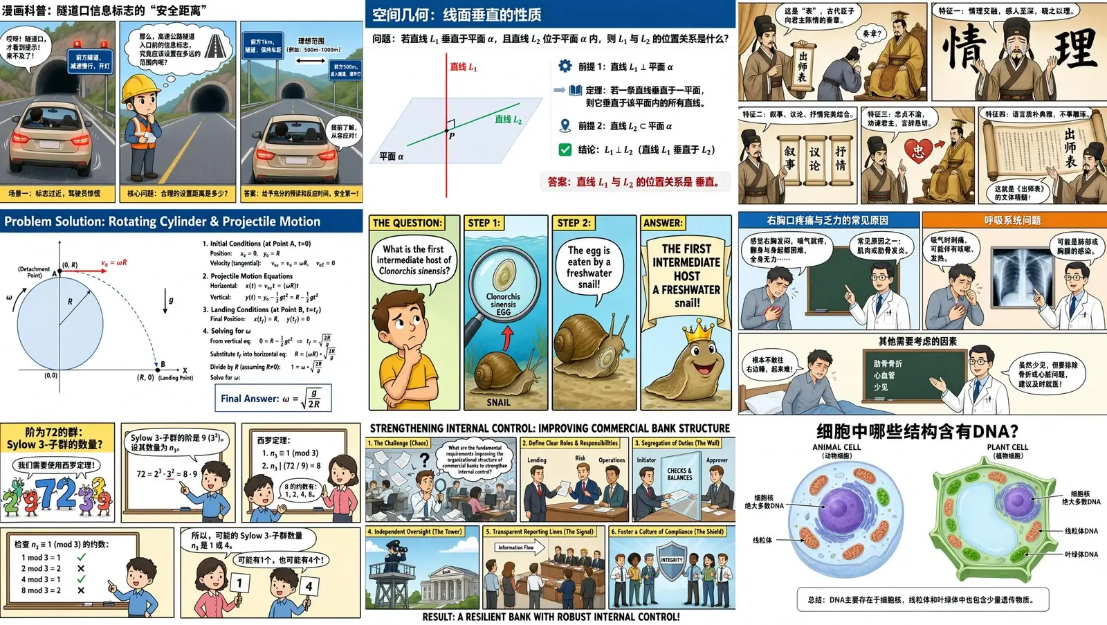 Nine-panel educational infographic mixing Chinese and English diagrams, including a tunnel, geometry proof, scholars, snail riddle, and cell