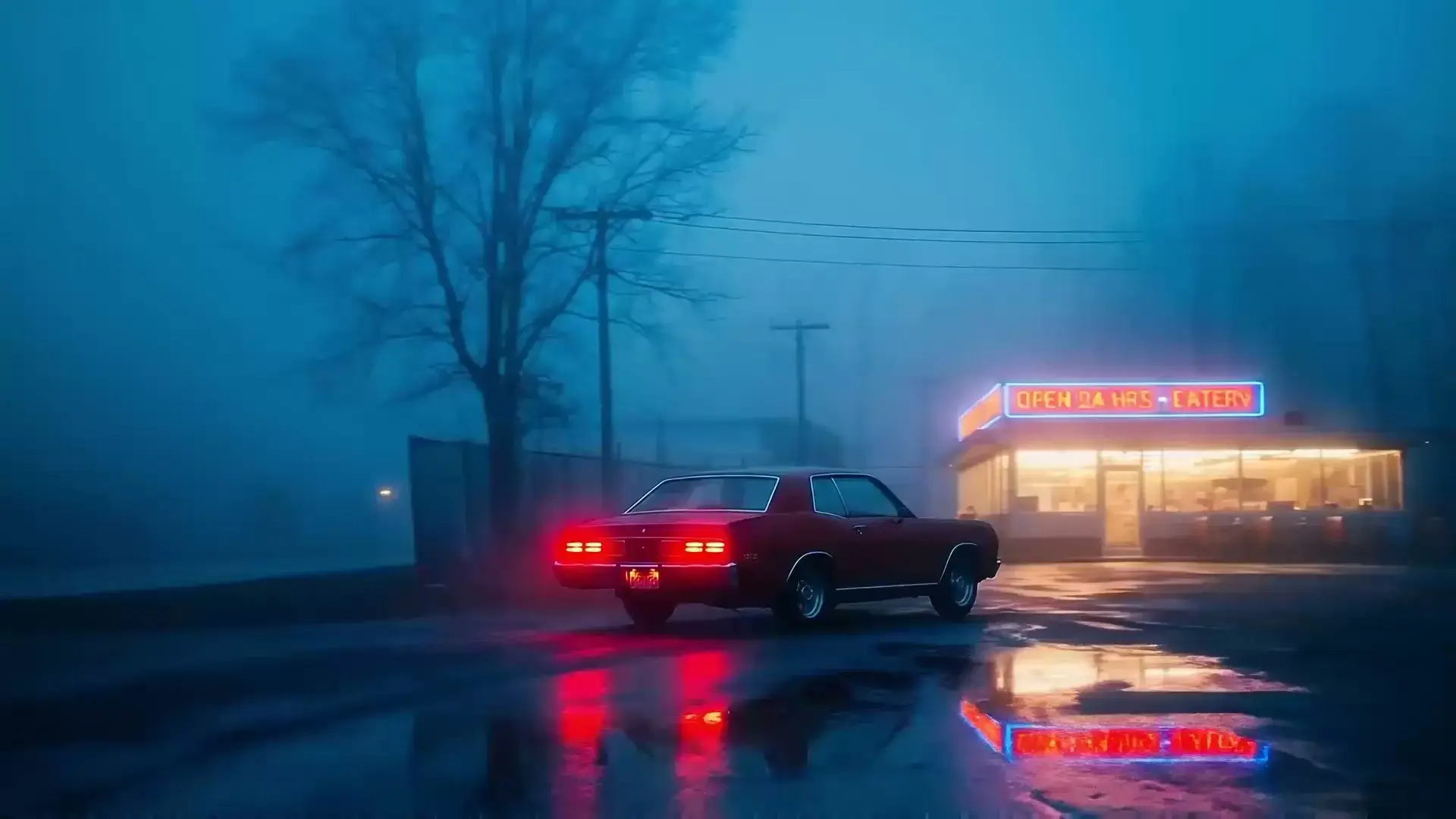 Veo 3.1 demonstration of a foggy night diner and red vintage car
