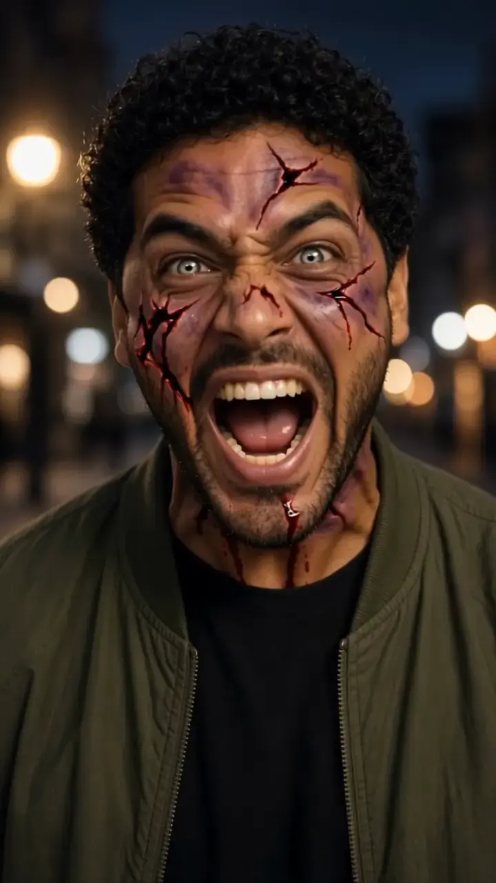 AI zombie video example: a man on a night street turns into a screaming zombie with cracked, bloody skin