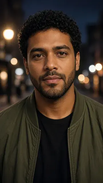 Original portrait of a man on a night city street