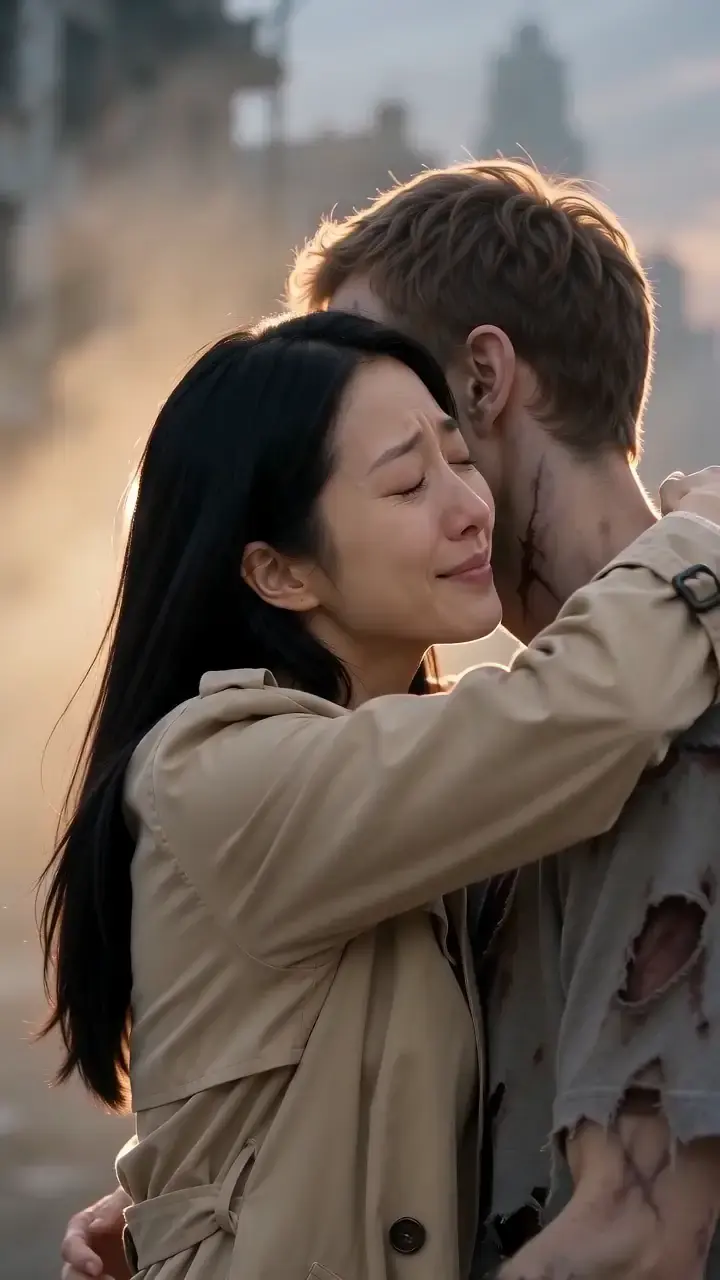 Zombie love story AI video example: a survivor faces her infected partner, embraces him, then a sunny memory of the couple