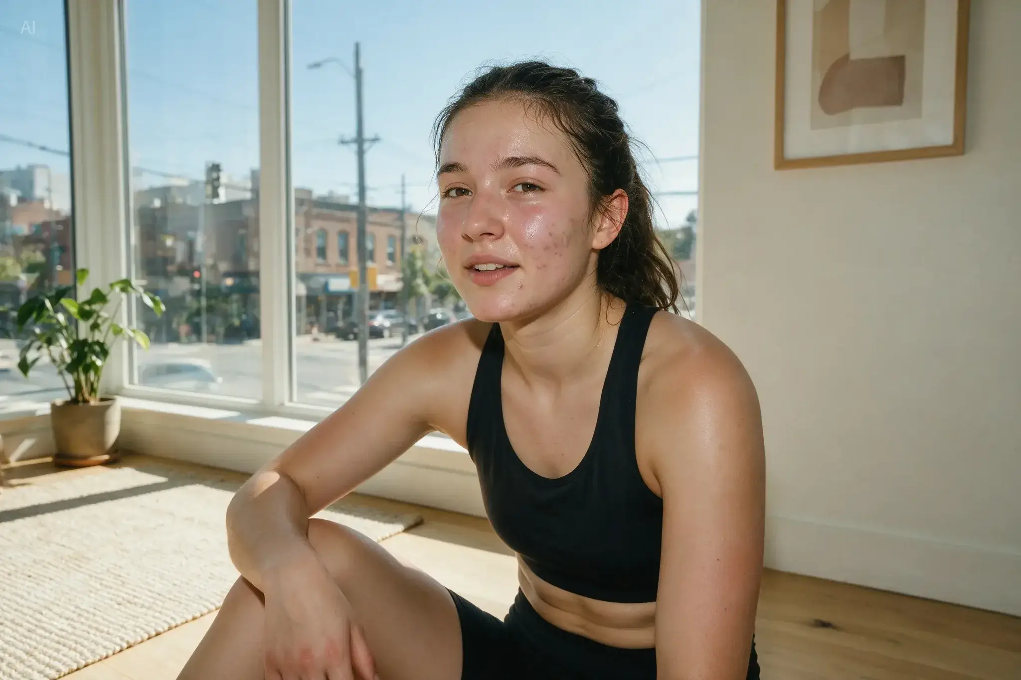 AI Photo Editor example: window portrait of a woman in a black sports bra before a retouch