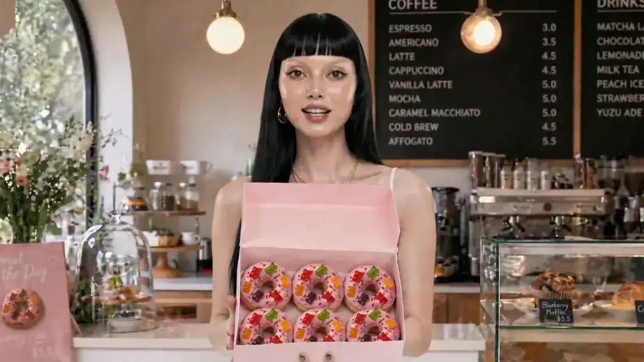 AI Video Generator example: a creator presenting a pink box of six donuts in a cafe
