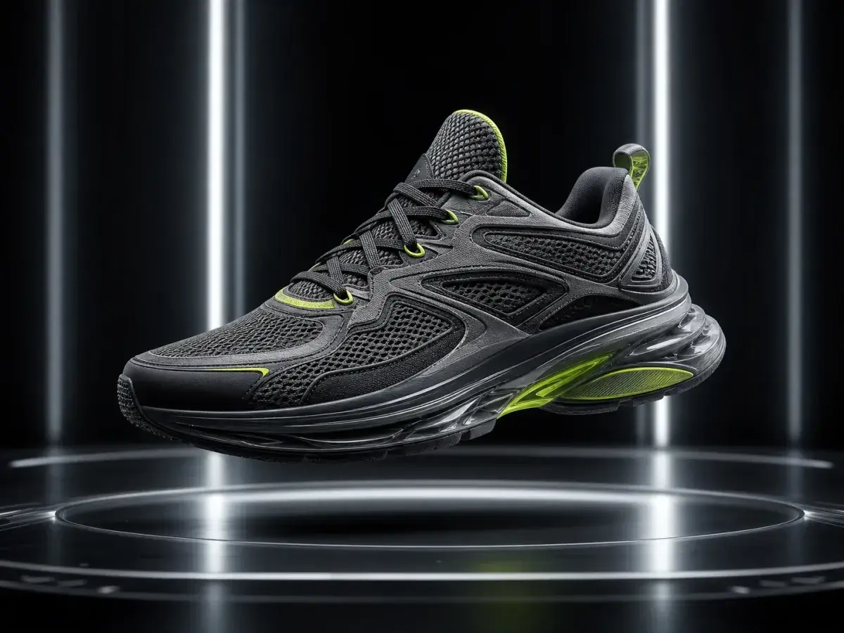 Image upscale demo comparing a soft sneaker still and a sharper enhanced export