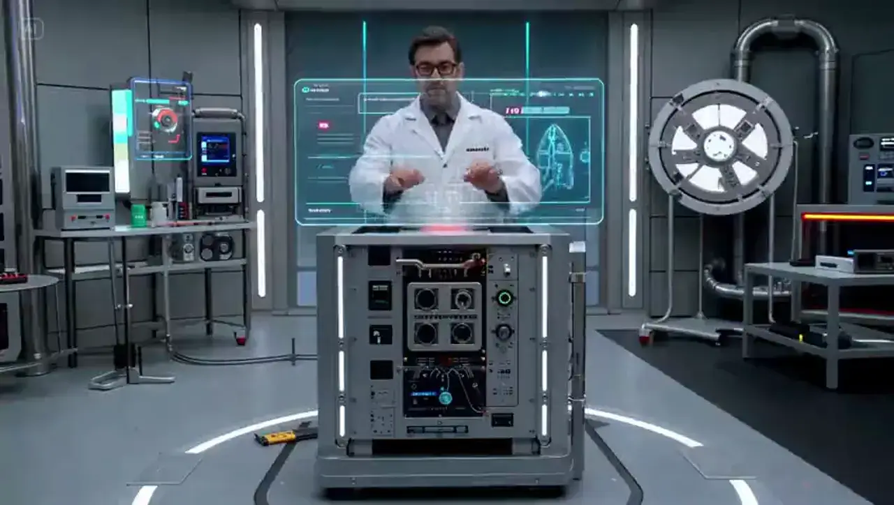 AI Video Generator example: a scientist in a white lab coat working a holographic HUD behind lab equipment