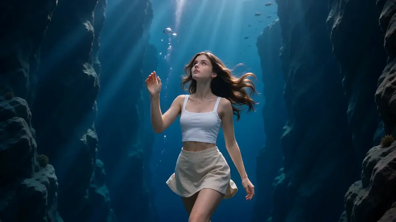 Deep sea video example: a woman with brown hair floats upright in a blue canyon while one hand rises toward the light