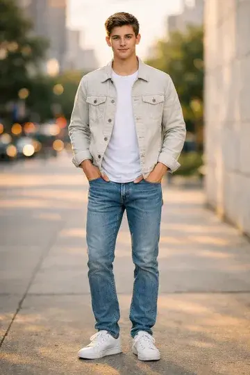 Photo used in the sample: a young man in a beige jacket, white t-shirt, and blue jeans