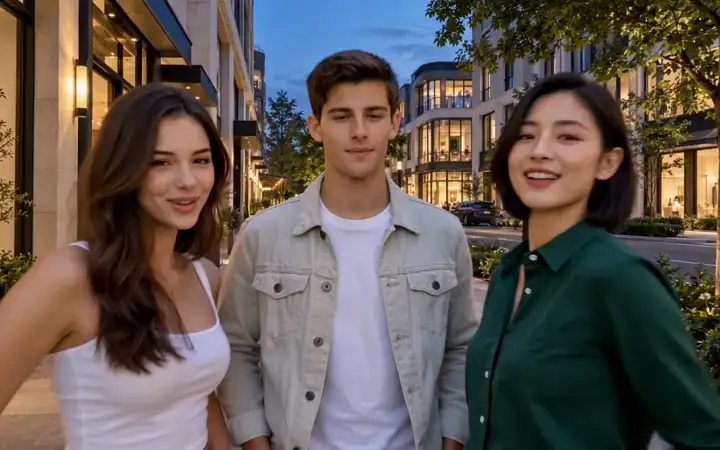 Three adults perform a selfie dance on a blue-hour shopping street
