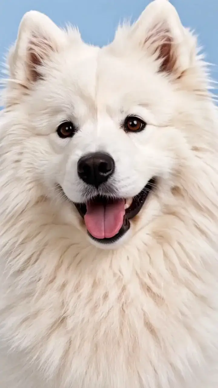 MixVio sample: a white Samoyed in a blue studio close-up closes and opens its eyes, moves its mouth, and tilts its head slightly, with sound attached