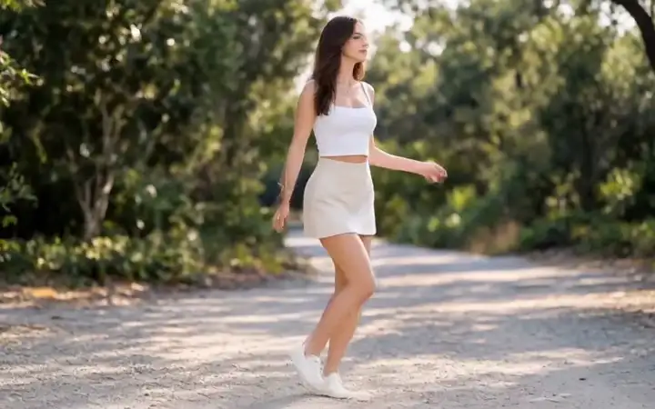 A woman in a white top and beige skirt dancing on a sunlit tree-lined path