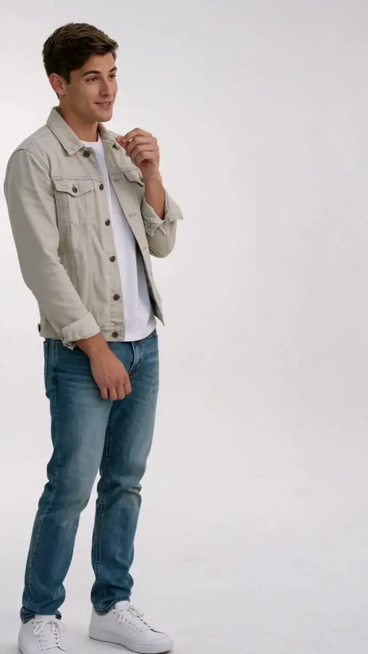 MixVio sample: a man bites his knuckle laughing while a woman turns with a handbag in a bright white studio, with the trend soundtrack attached