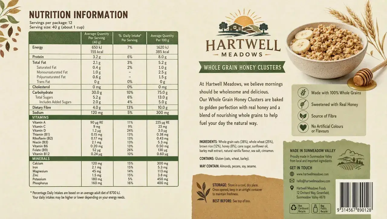 AI Image Generator example: cereal-box back panel with readable nutrition table and barcode