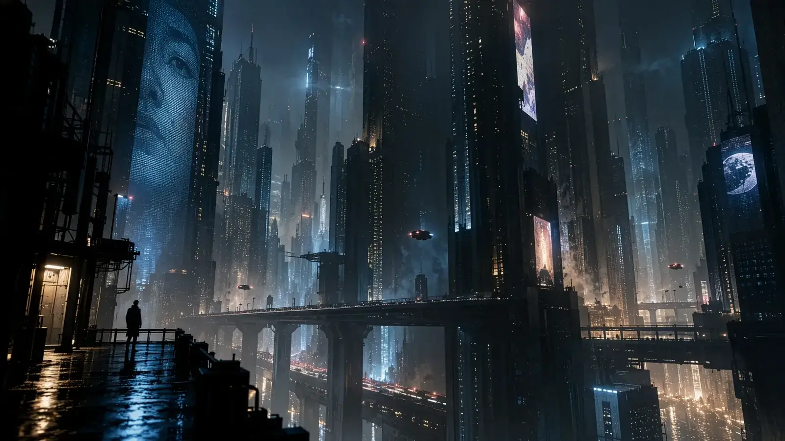 AI Image Generator example: lone person on a wet balcony overlooking a rainy neon megacity