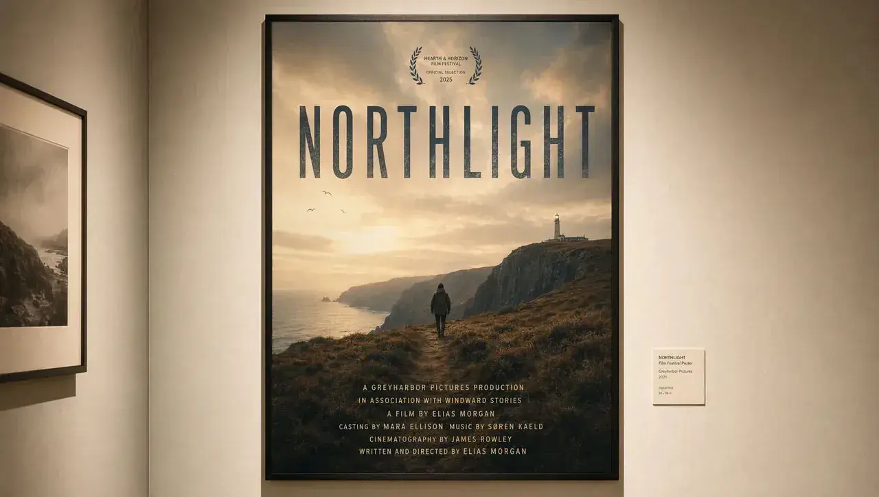 AI Image Generator example: framed NORTHLIGHT film poster on a gallery wall with readable type