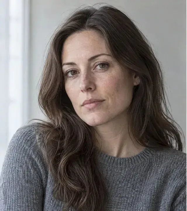 Image to Image example: woman in a grey crewneck before a portrait restyle