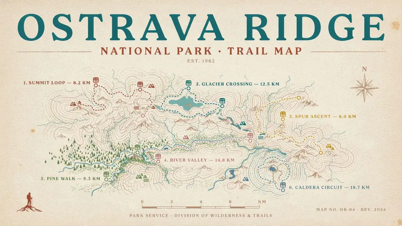 AI Image Generator example: vintage Ostrava Ridge trail map with color-coded dashed routes