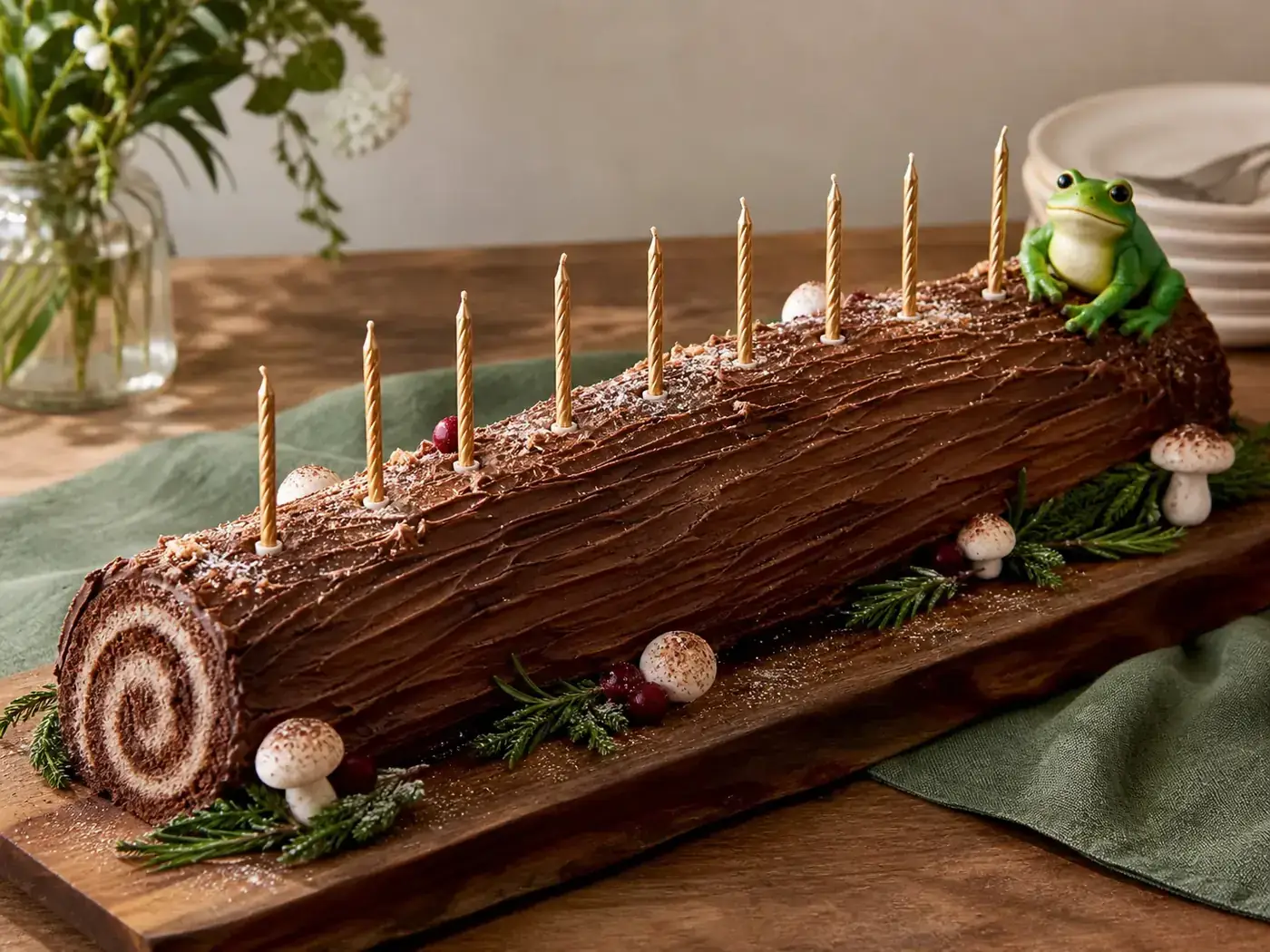 AI Image Generator example: chocolate yule log cake with gold candles and a small green frog