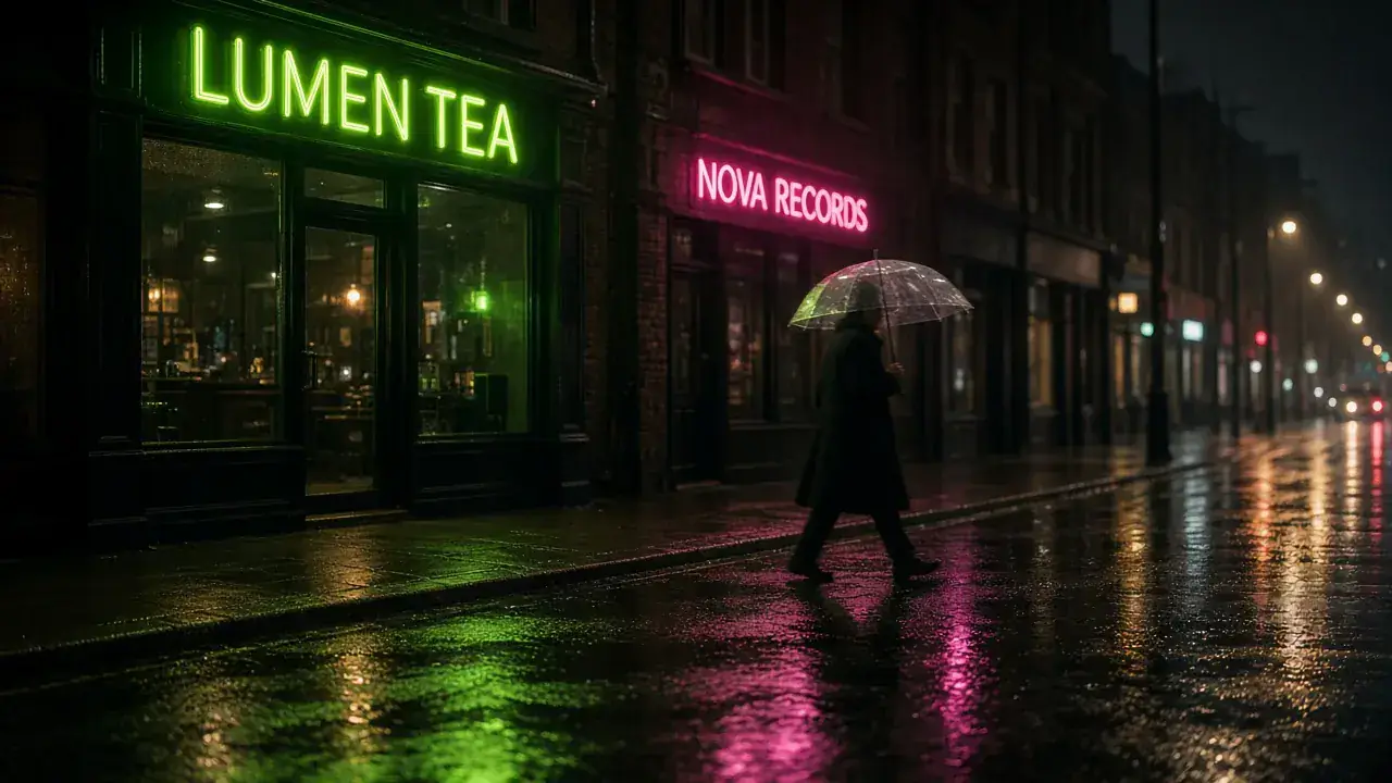 Rain-slick night street with lime and pink neon shop signs and a pedestrian under a clear umbrella