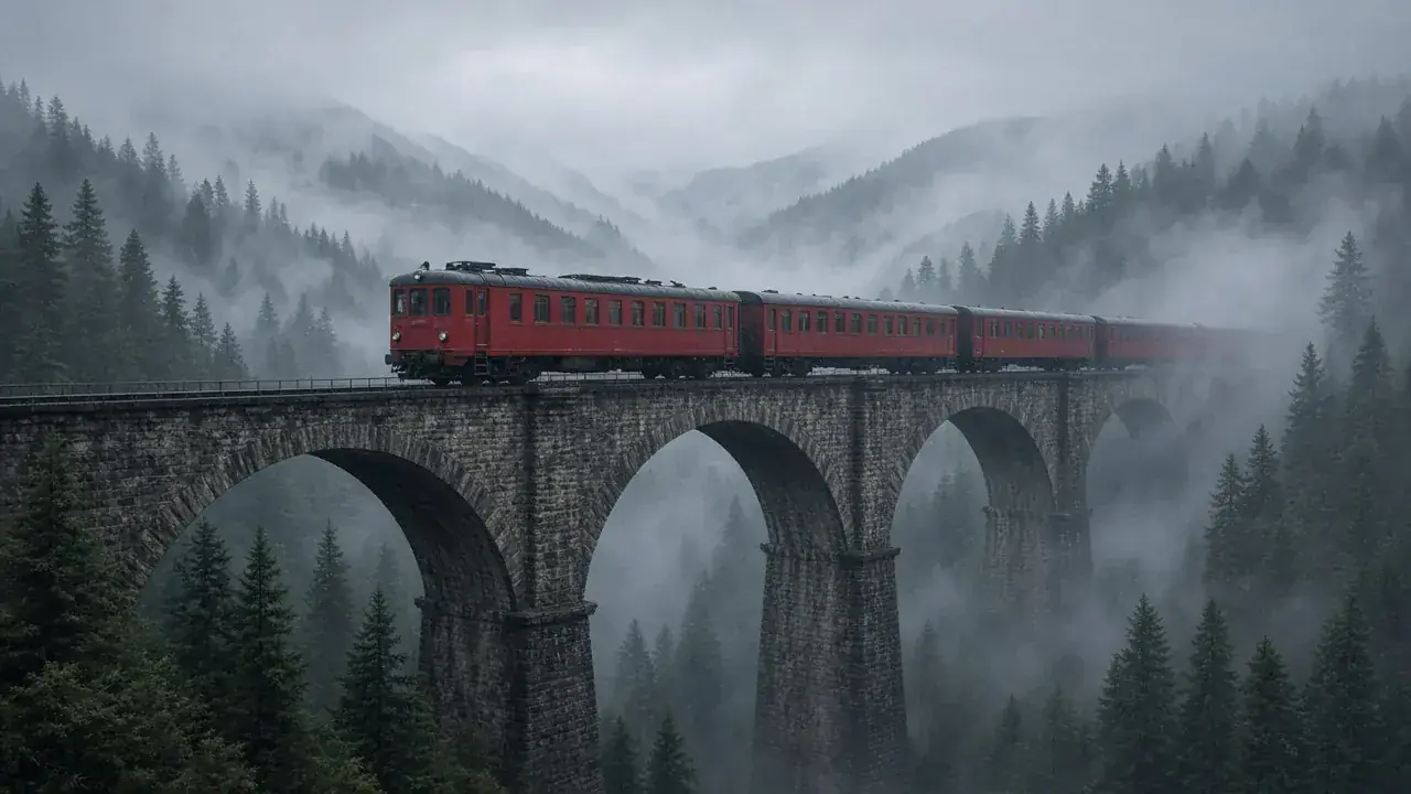Red mountain train crossing a stone viaduct in morning fog