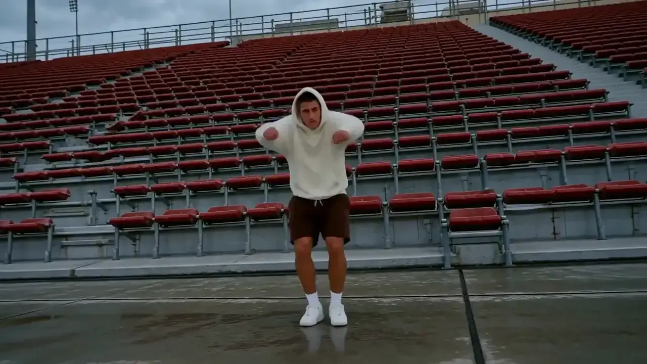Video to Video example: the same choreography restaged with a new dancer in a wet stadium