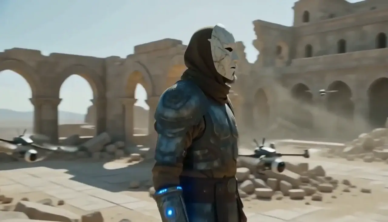 Hooded masked figure standing in pale monastery ruins with surveyor drones