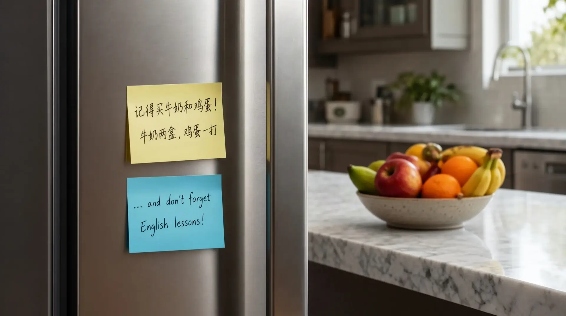 Refrigerator with a yellow Chinese grocery sticky note and a blue English sticky note about English lessons