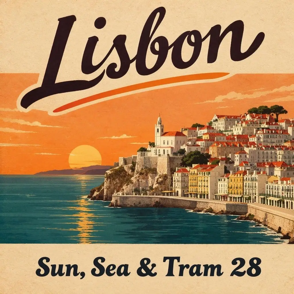 Vintage travel poster titled Lisbon with the line Sun, Sea & Tram 28