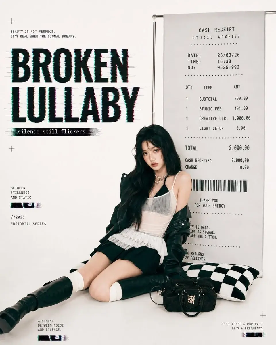 Editorial poster with the headline BROKEN LULLABY, a studio cash receipt, and a seated woman in a black leather jacket