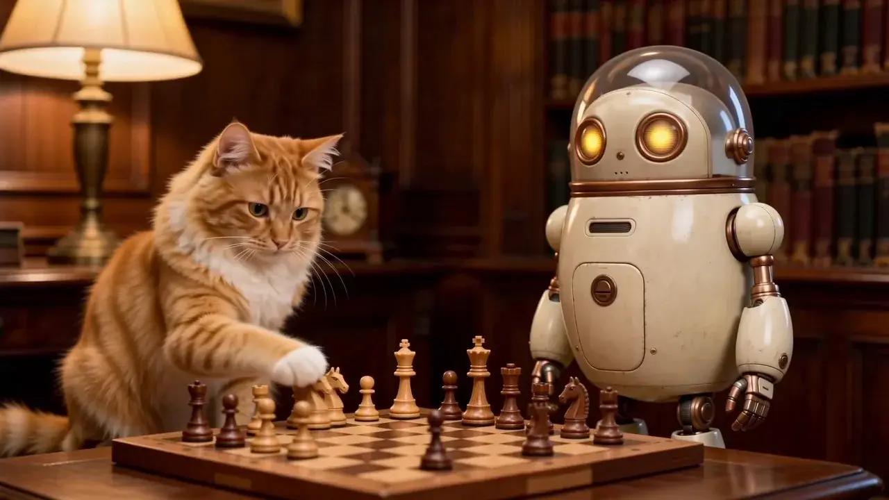 Orange long-hair cat and a cream robot with a glass dome playing chess in a wood-paneled library