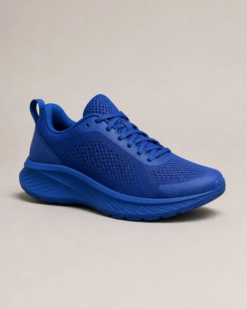Cobalt running shoe on a warm gray studio background