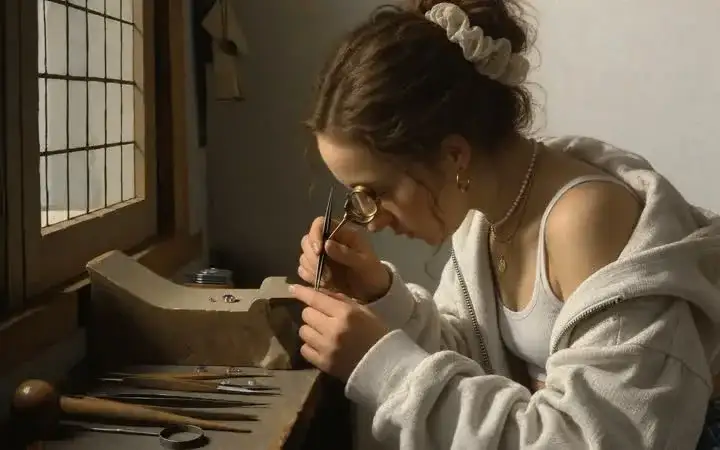 Image to Image example: Vermeer-style jeweler restyled from a gold dress to a white hoodie