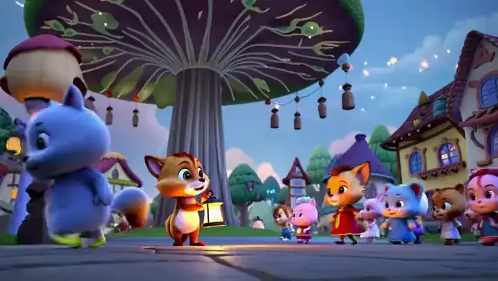 Image to Video example: animal village lantern walk animated from a still